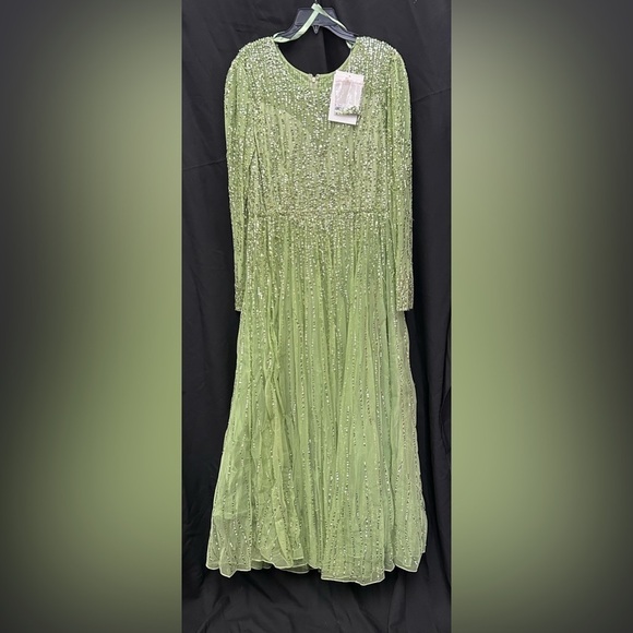 MAC DUGGAL 5636 NWT Green Sequined Illusion High Neck Long Sleeve Gown - Picture 4 of 7